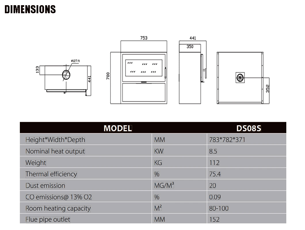 2022 Eco New Design Indoor Wall Freestanding Black Wood Burning Stove Fireplace Home Heater with Overheating Protection